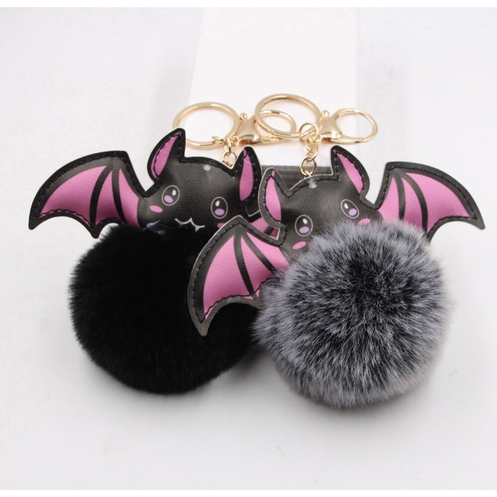 Halloween Bat Pom Pom Keychain Gray Faux Fur Plush Bag Charm Gothic Cute NEW - Picture 6 of 7